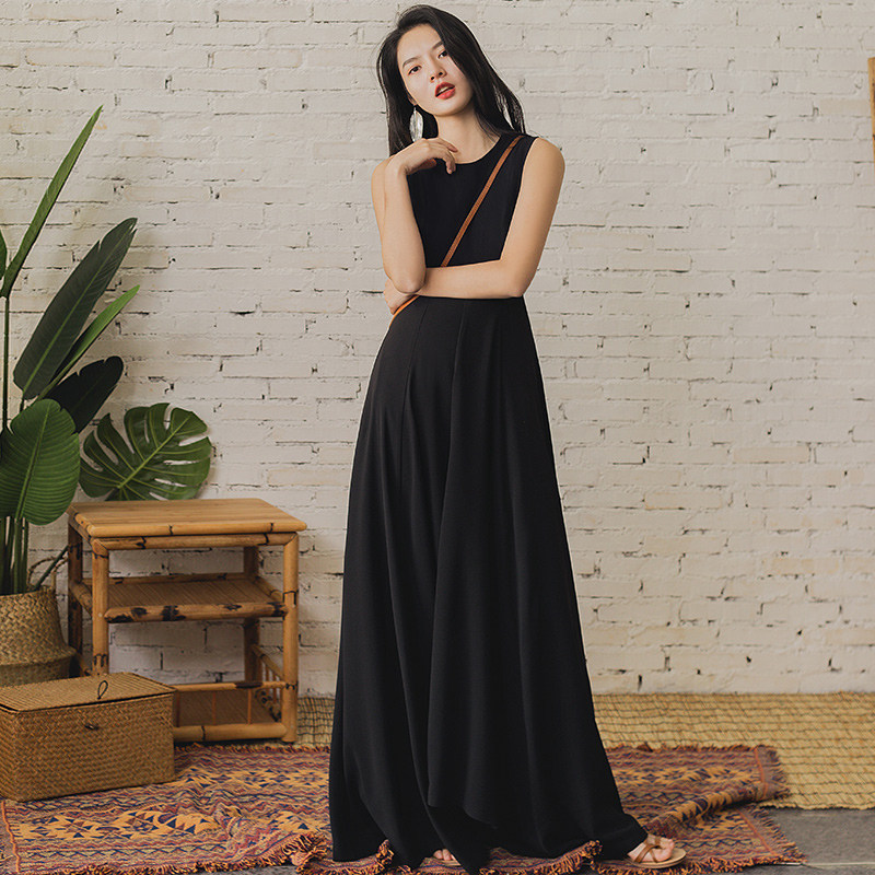 欧美春夏装新款修身显瘦大摆女装气质名媛无袖打底开叉连衣裙