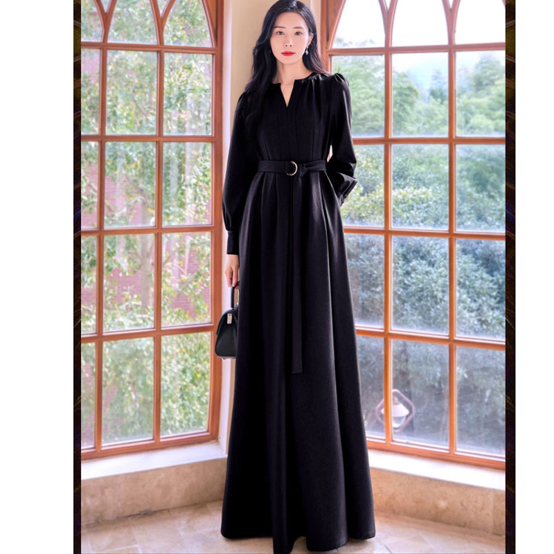 2026新款女装春秋欧美法式高级感奢华到脚踝气质超长款长裙连衣裙