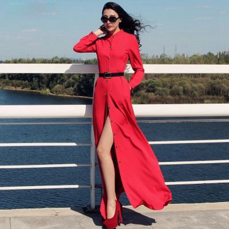 欧美春夏修身显瘦超长连衣裙长袖拖地长裙女旅行波西米亚沙滩裙