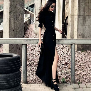 欧美春夏修身显瘦超长连衣裙长袖拖地长裙女旅行波西米亚沙滩裙