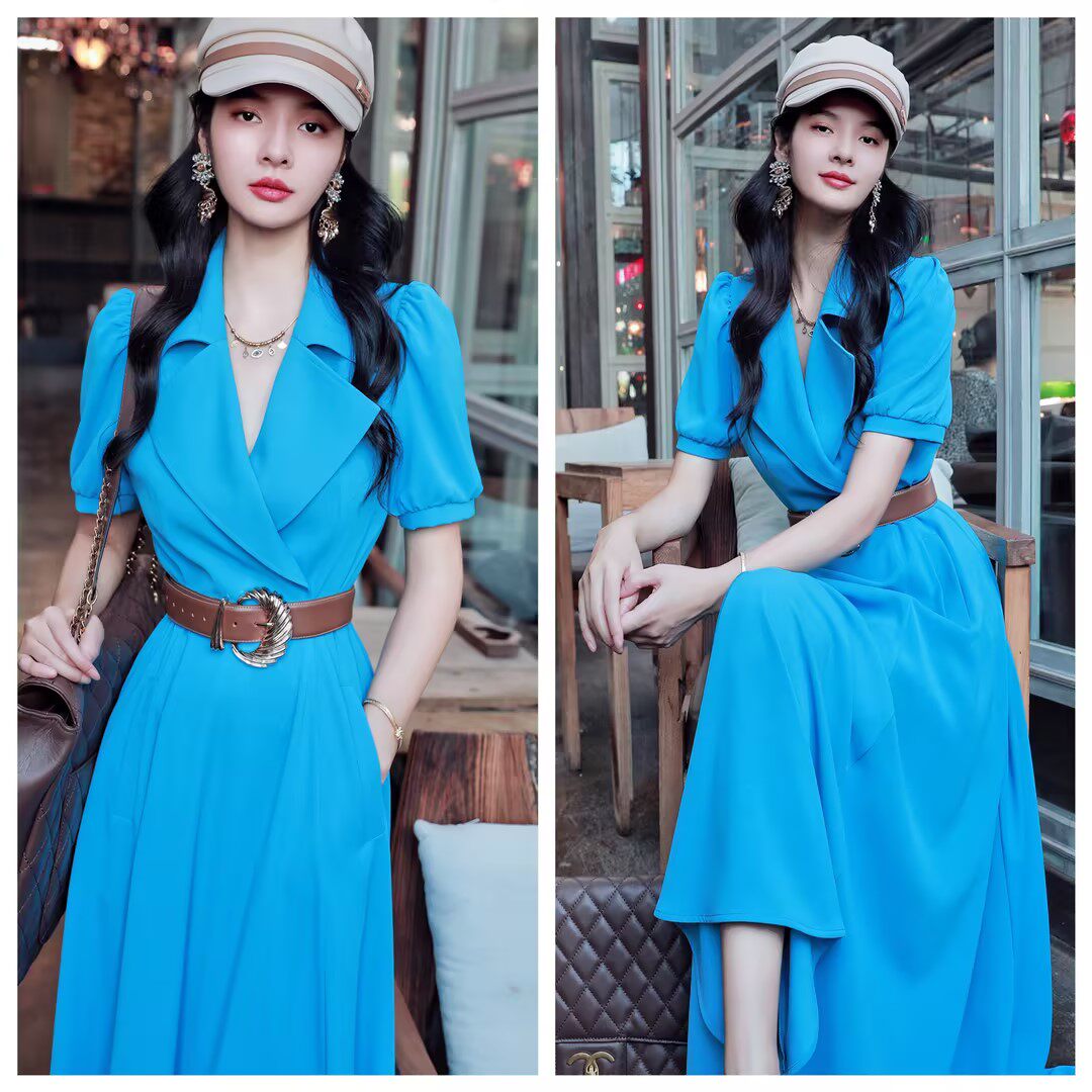 春夏季女士短袖修身显瘦西装领大摆长款连衣裙时尚气质大码女装