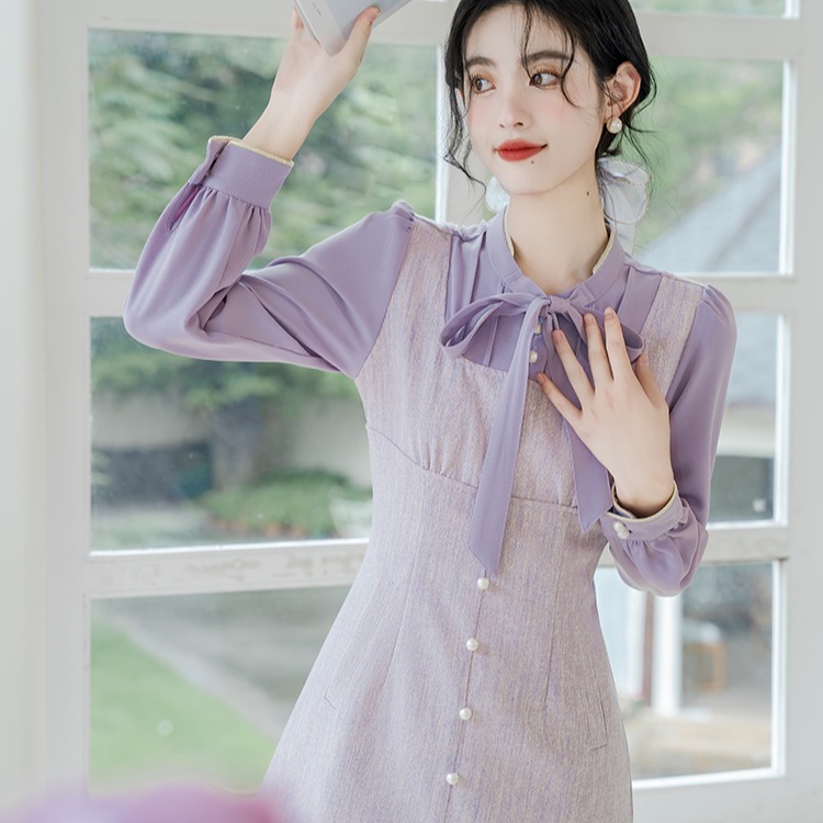 法式A字聚酯纤维纯属假两件紫色