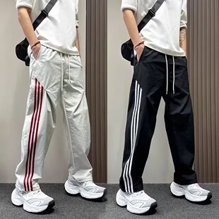 美式条纹休闲裤男式潮牌夏季新款宽松直筒三道杠户外收口运动长裤