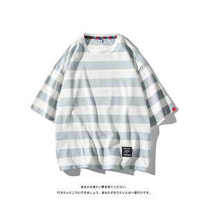 美式风条纹短袖T恤男女宽松圆领落肩袖潮流百搭上衣T232-特价P30图片