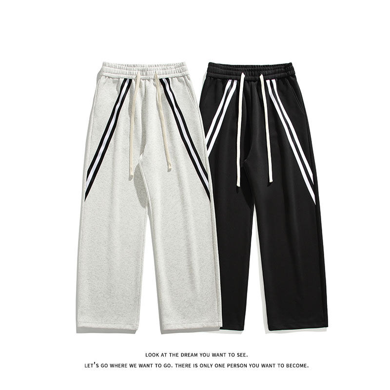 直筒休闲运动宽松阔腿裤男纯色简约拼色下装K8676-特价P40，男装休闲裤，电商A007-1