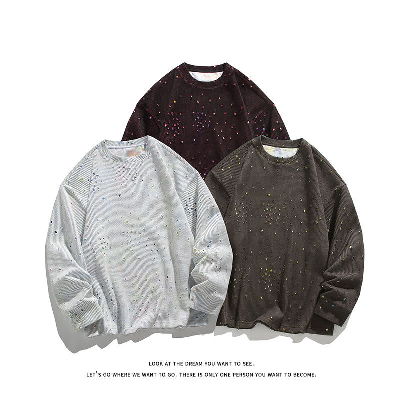 彩色星星提花破洞圆领卫衣男女设计感美式长袖t恤W4682-特价P50，男装T恤，电商A007-1