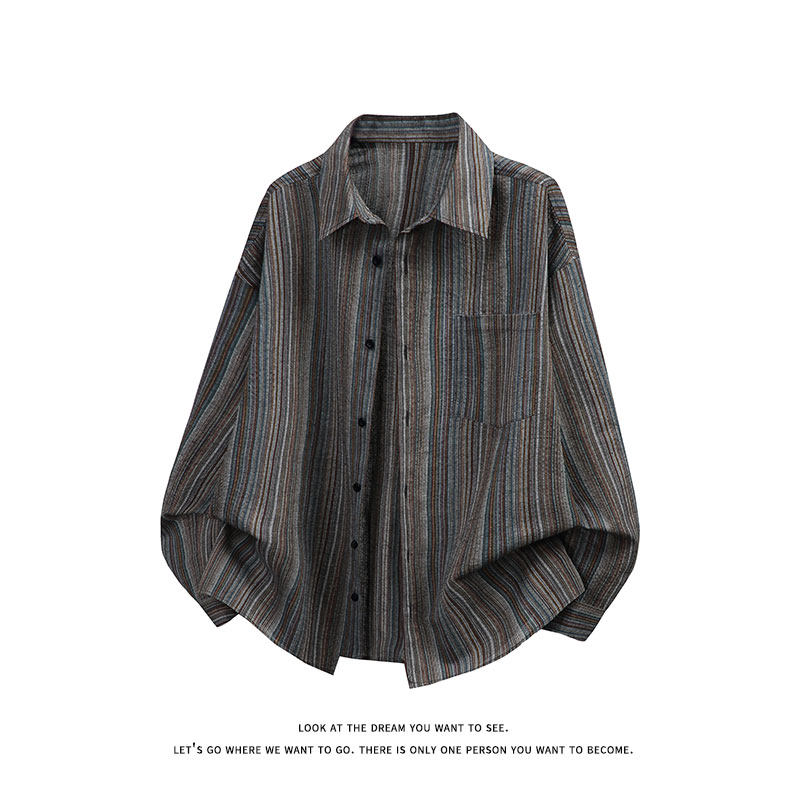 美式复古条纹长袖衬衫男宽松日常百搭休闲翻领外套C2272-特价P37，男装衬衫，电商A007-1