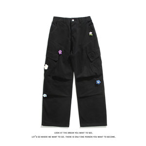 立体解构花朵装饰工装休闲裤男女潮牌宽松直筒长裤K8617-特价P70图片