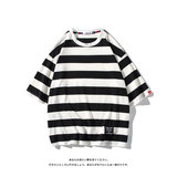 美式风条纹短袖T恤男女宽松圆领落肩袖潮流百搭上衣T232-特价P30，男装T恤，电商A007-1