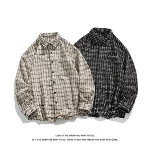 复古宽松休闲细格子衬衫男薄款长袖百搭外套C2261-特价P42，男装衬衫，电商A007-1