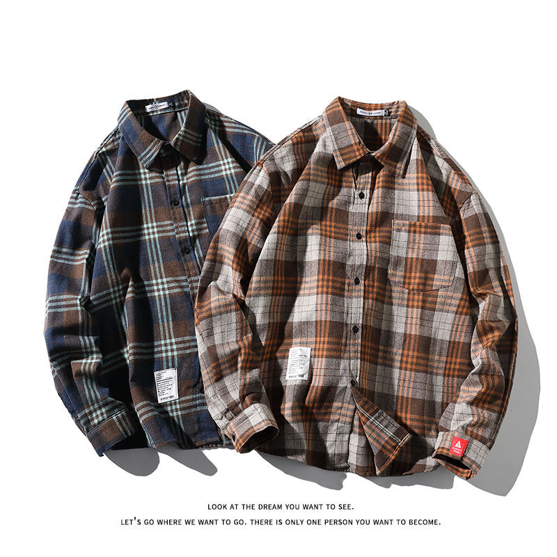 港风宽松复古长袖衬衫格子潮流休闲大码男士C751P32【特价】，男装衬衫，电商A007-1