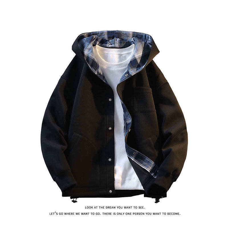 420克重磅日系纯色格纹开衫男女休闲连帽卫衣外套W4687-特价P65，女装短外套，电商A007-1