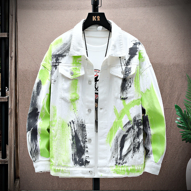 街头风涂鸦印花牛仔夹克男宽松痞帅翻领设计感外套JA39-特价P78，男装夹克，电商A007-1