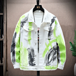 街头风涂鸦印花牛仔夹克男宽松痞帅翻领设计感外套JA39-特价P78，男装夹克，电商A007-1