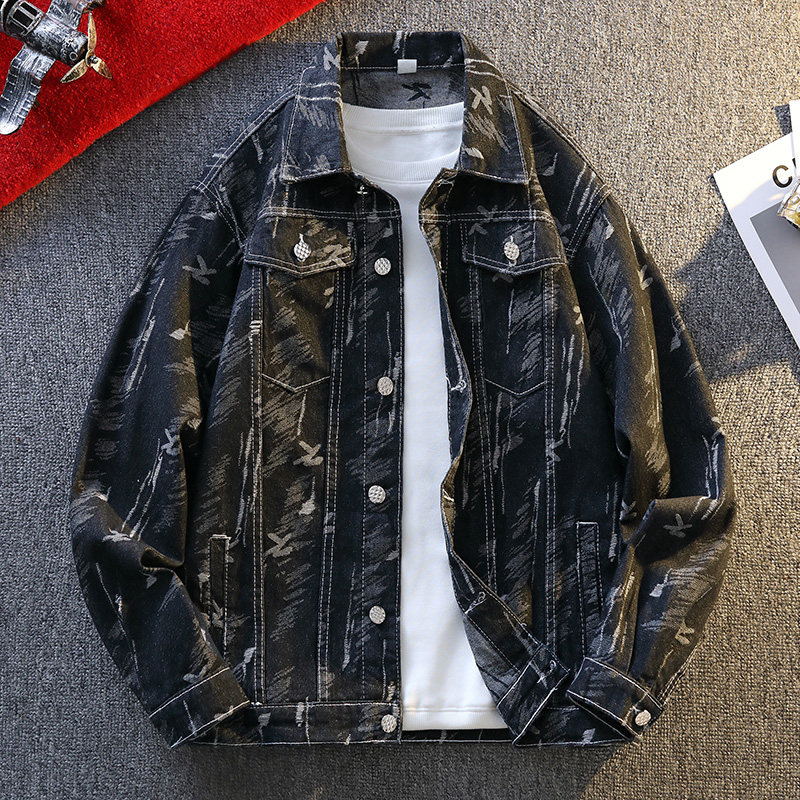 工装风翻领牛仔夹克男宽松印花潮牌百搭外套男士夹克JA28-特价P58，男装夹克，电商A007-1