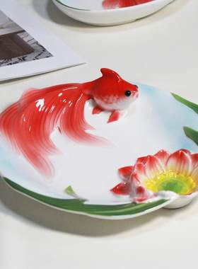 珐琅釉下彩手绘饺子薯条小吃盘中式寓意吉祥鱼陶瓷餐碟微波炉适用