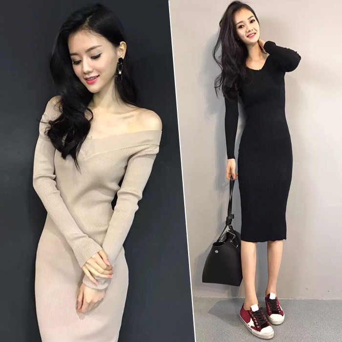 Fall / winter 2020 new slim fit Pullover mid length V-neck skirt