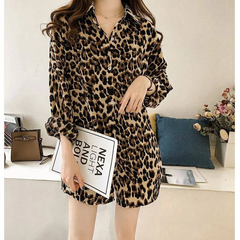 New fashion loose large Leopard Print Shirt women's long sleeve top medium and long shirt bottoming fashion