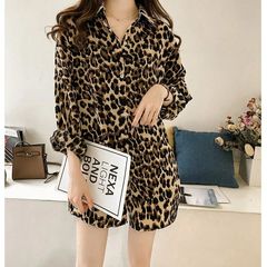 New fashion loose large Leopard Print Shirt women's long sleeve top medium and long shirt bottoming fashion