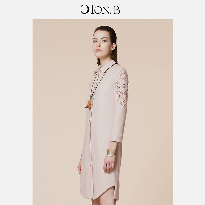 honb红贝缇冬装新款中长款镂空长袖单排扣加厚衬衫连衣裙女装