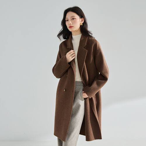 26秋冬新美拉德复古棕色气质双排扣毛呢外套羊毛双面呢大衣22953