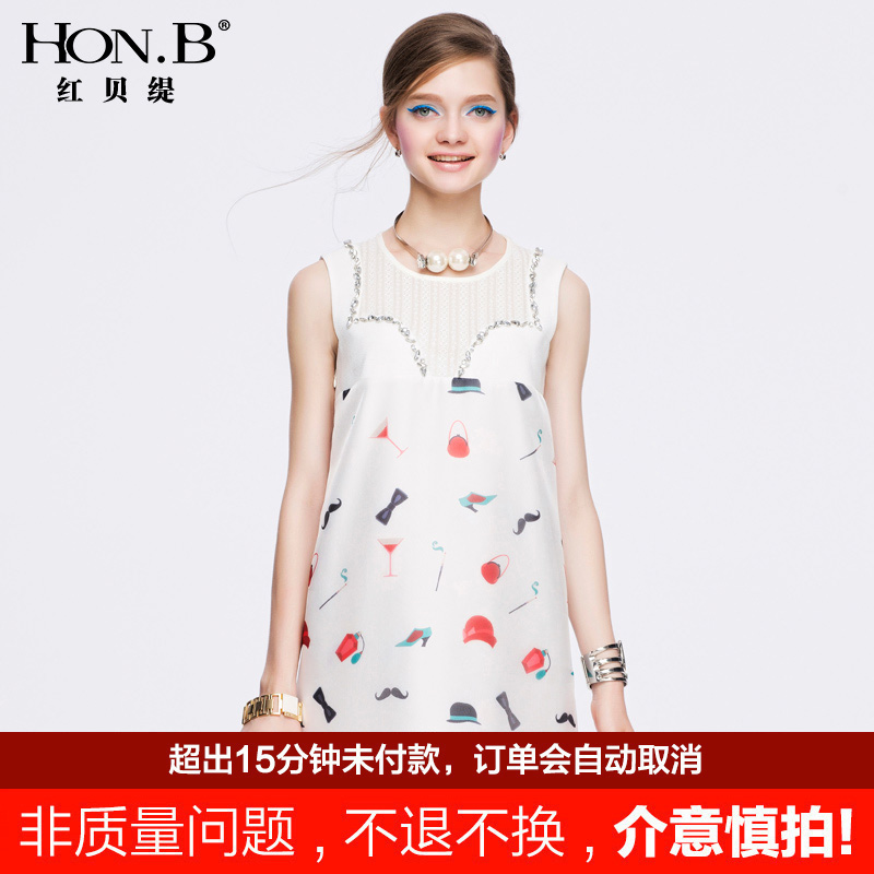 HONB红贝缇2017夏新款无袖圆领图案连衣裙拼接中长A字裙