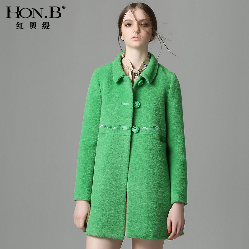 HONB红贝缇秋冬款羊毛大衣中长款翻领单排扣修身毛呢外套