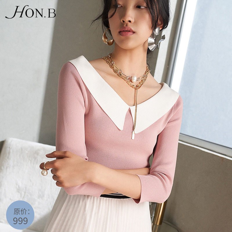 HONB红贝缇秋季新款七分袖娃娃领套头衫时尚百搭女士针织衫