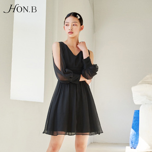 HONB红贝缇花踪迷情雪纺温柔飘逸夏季 V领甜美风连衣裙 新款 灯笼袖