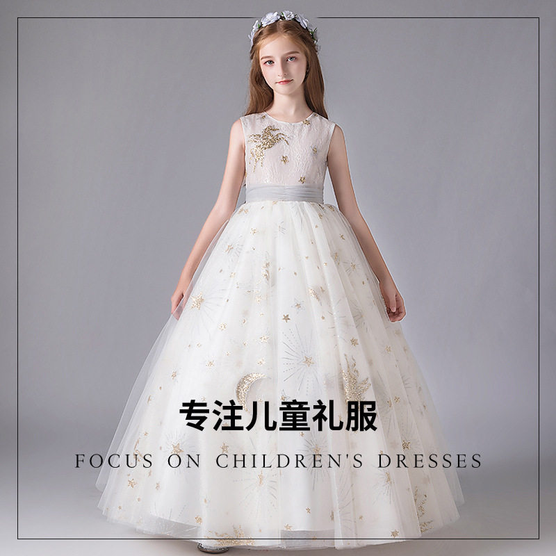 女童公主裙蕾丝闪闪无袖长款连衣裙2022新款女童走秀晚礼服裙生日