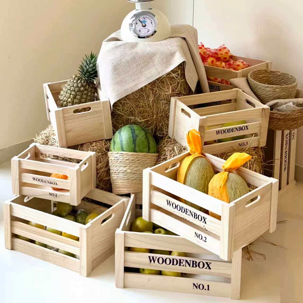 复古木箱木框实木收纳箱超市水果陈列木盒长方形木条箱红酒箱大号