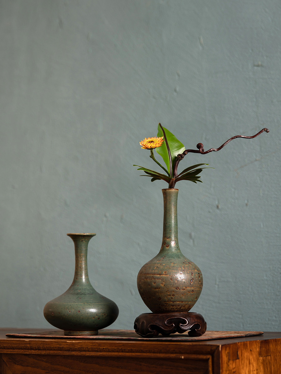 摆件小花瓶干花陶瓷插花器皿水培细口中式禅意日式花器剑山插花器