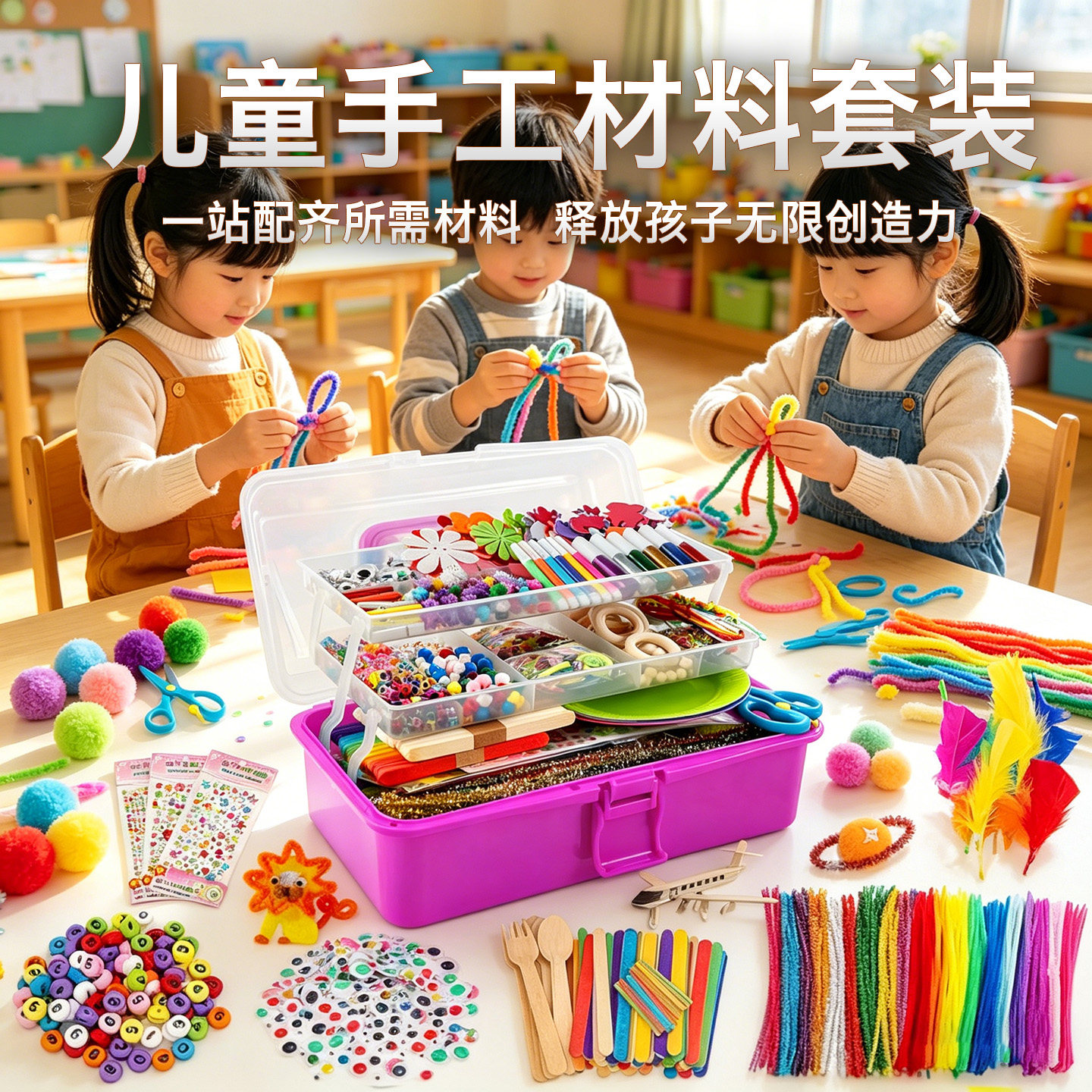 儿童创意手工艺术创作幼儿园美工区角DiY材料包扭扭棒毛绒球眼睛