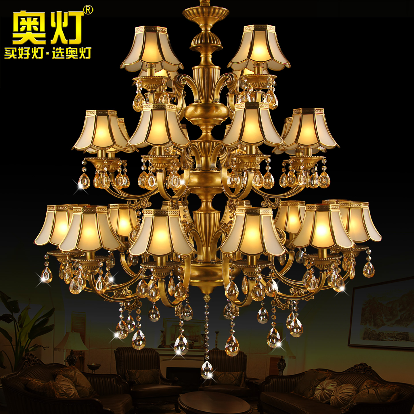 奥灯欧式全铜水晶灯具复式楼酒店大厅客厅饭厅艺术三层大吊灯1657