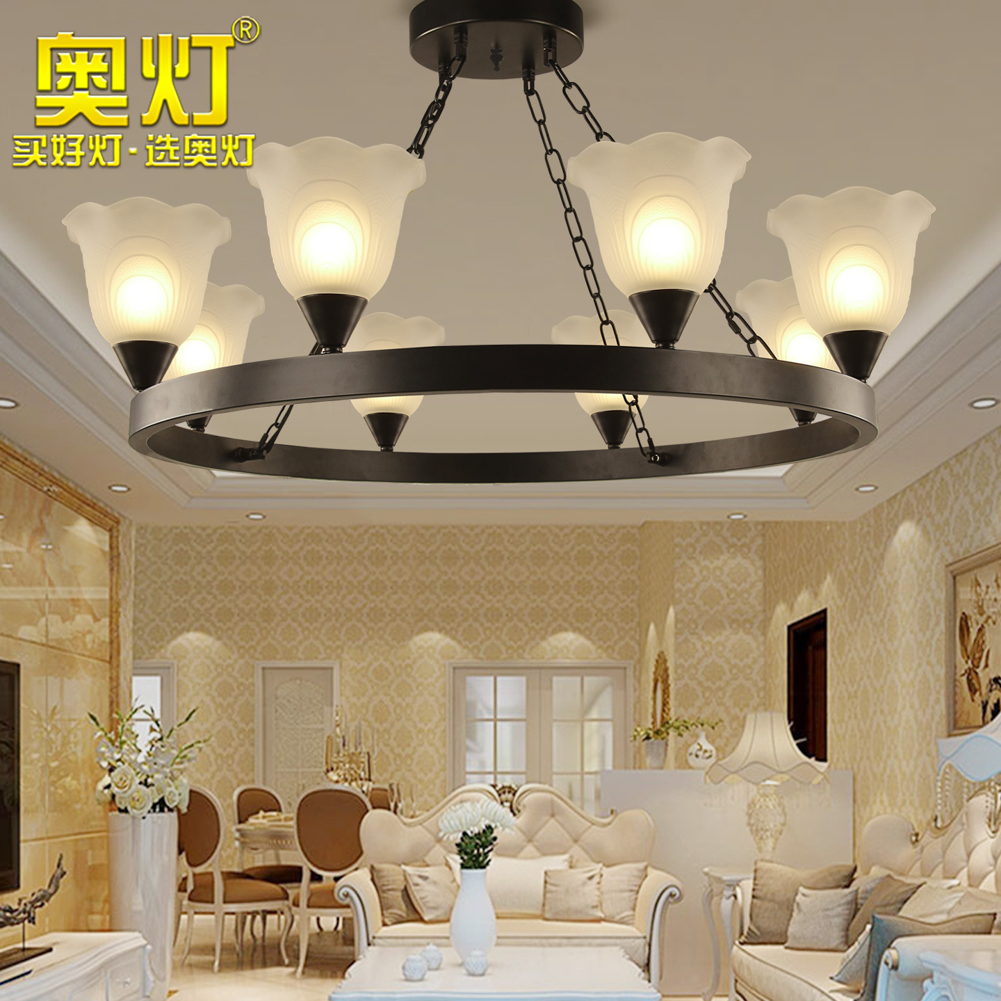 奥灯美式吊灯乡村铁艺客厅灯简约餐厅灯现代欧式简约复古灯具9420