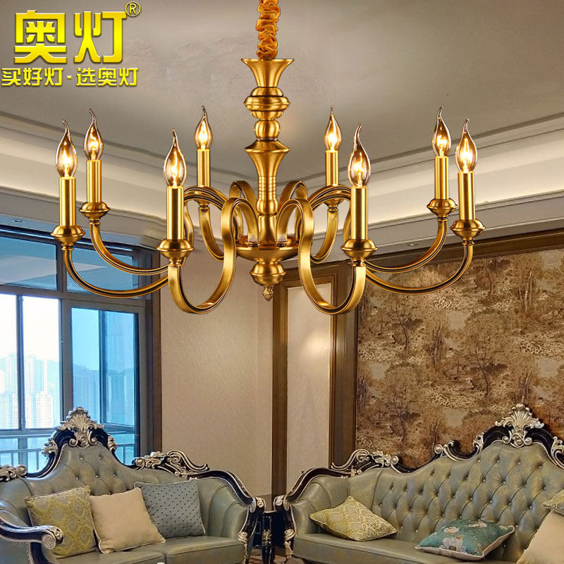 奥灯美式蜡烛灯全铜吊灯仿古客厅餐厅书房8头铜吊灯饰9299