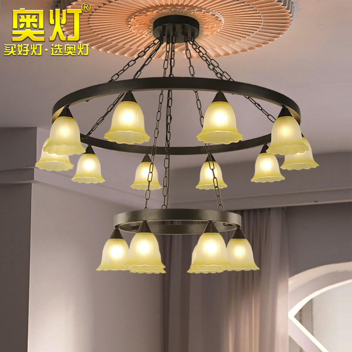 奥灯简约温馨主卧室餐厅美式乡村客厅吊灯铁艺田园灯欧式吊灯9492