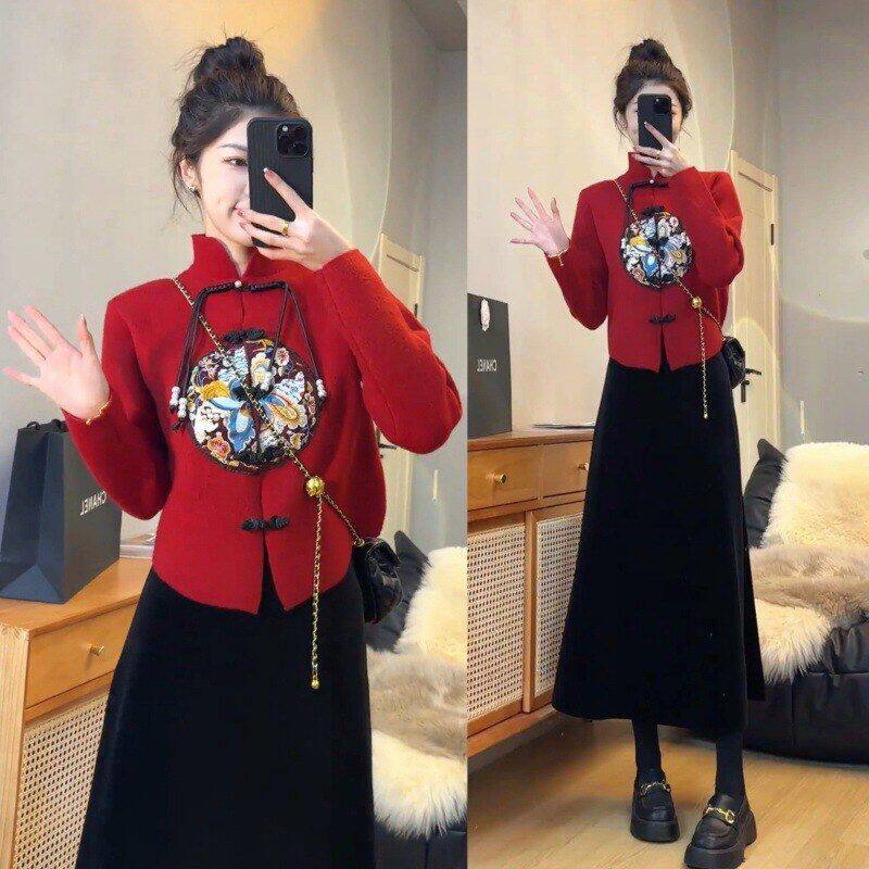 设计感新中式盘扣重工刺绣立领毛衣百搭中长款显瘦丝绒加厚半身裙