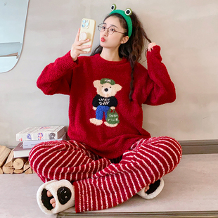 新年圣诞红色睡衣女冬季加厚保暖甜美可爱小熊珊瑚绒半边绒家居服