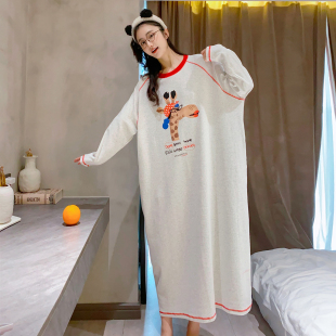长颈鹿孕妇睡裙及踝 胖MM睡衣女韩版 加长睡裙长袖 纯棉秋冬加厚大码