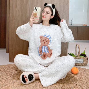 睡帽小熊半边绒睡衣女冬季加厚加绒可爱卡通保暖软绵绵家居服套装