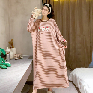 【德绒】加长睡裙长袖秋冬加厚大码睡衣女韩版条纹孕妇胖MM睡裙