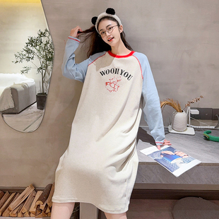 韩版加厚睡裙秋冬磨毛纯棉可爱小狗长袖睡衣女加绒中长款过膝睡裙