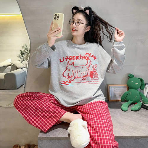 女纯棉休闲睡衣长袖春秋