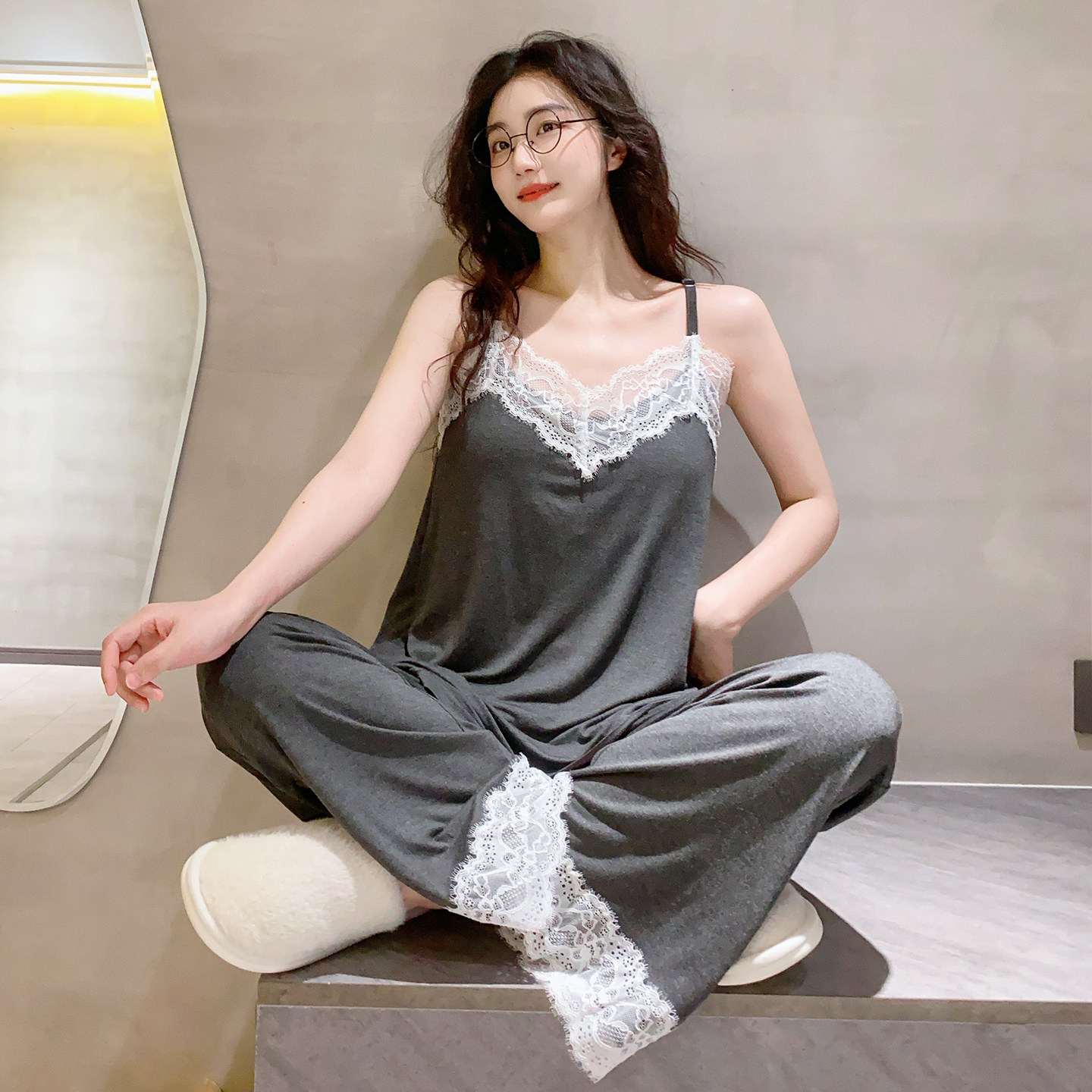 【带胸垫】吊带睡衣女蕾丝边莫代尔睡衣女夏宽松冰丝家居服小性感