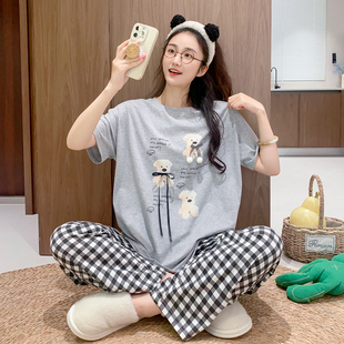 家居服套装 毛球小熊短袖 宽松休闲可外穿格子裤 睡衣女纯棉薄款 长裤