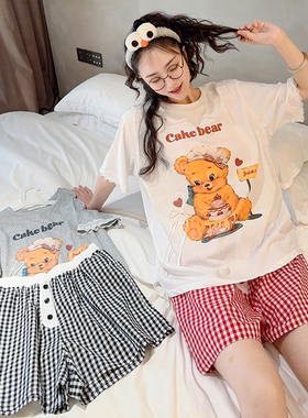 可爱小熊短袖短裤睡衣女夏季纯棉薄款宽松休闲韩版青年家居服套装