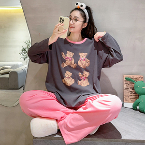 可爱小熊长袖睡衣女纯棉秋冬季休闲宽松圆领可外穿青年家居服套装