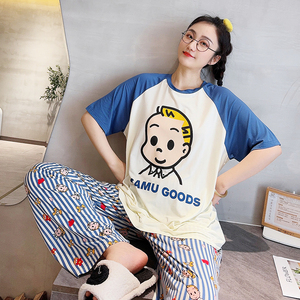 情侣款~动漫卡通睡衣女夏短袖长裤莫代尔休闲大码冰丝家居服男款