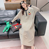 德绒加厚加长睡裙秋冬条纹小企鹅大码 休闲睡衣女胖MM超长睡裙及踝